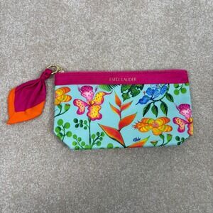 Estee Lauder Tropical Floral Print Cosmetic Bag Pouch with Ribbon Detail NWOT